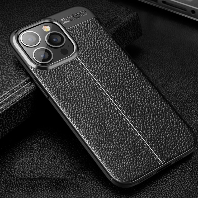  iPhone 14 Pro Skal Litchi Textur Svart