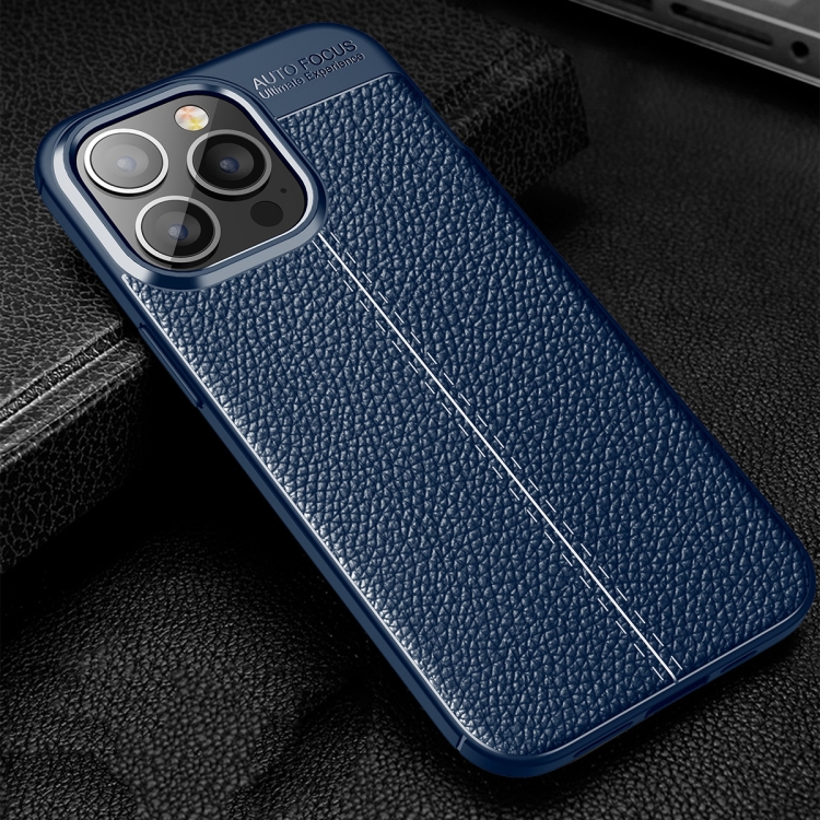  iPhone 14 Pro Skal Litchi Textur Blå