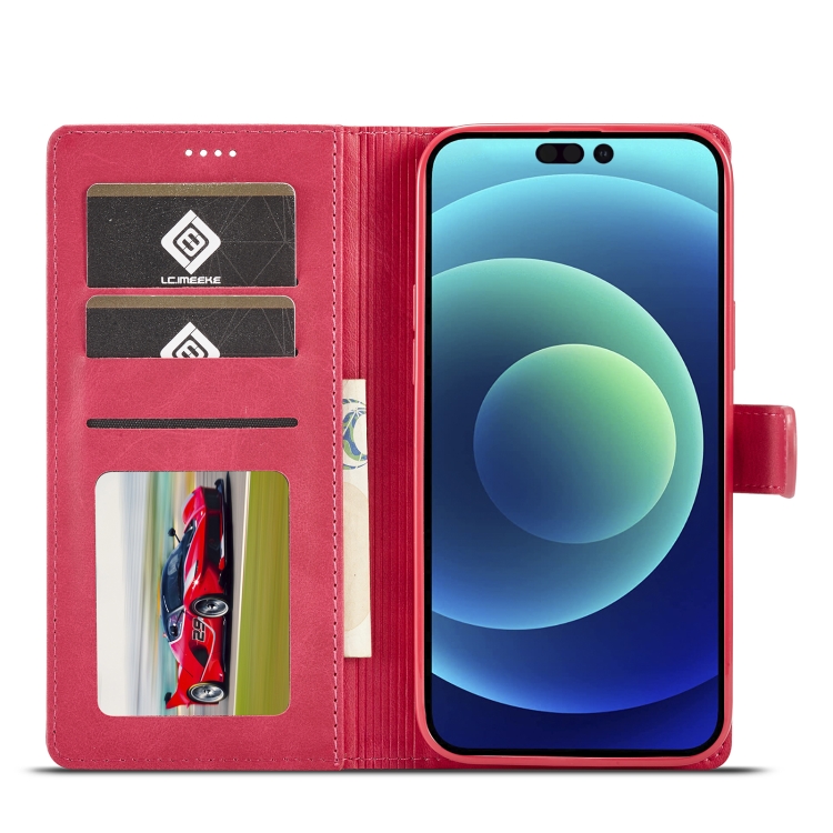 LC.IMEEKE LC.IMEEKE iPhone 14 Pro Fodral Läder Röd/Rosa