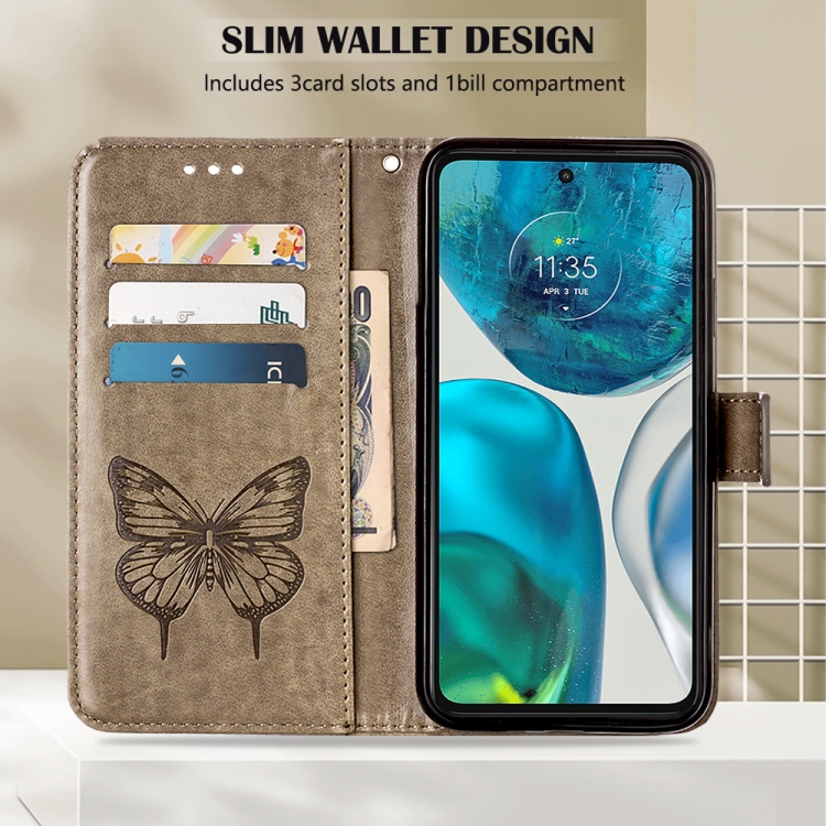  Motorola Moto G52/G82 Fodral Tryckt Fjäril Grå
