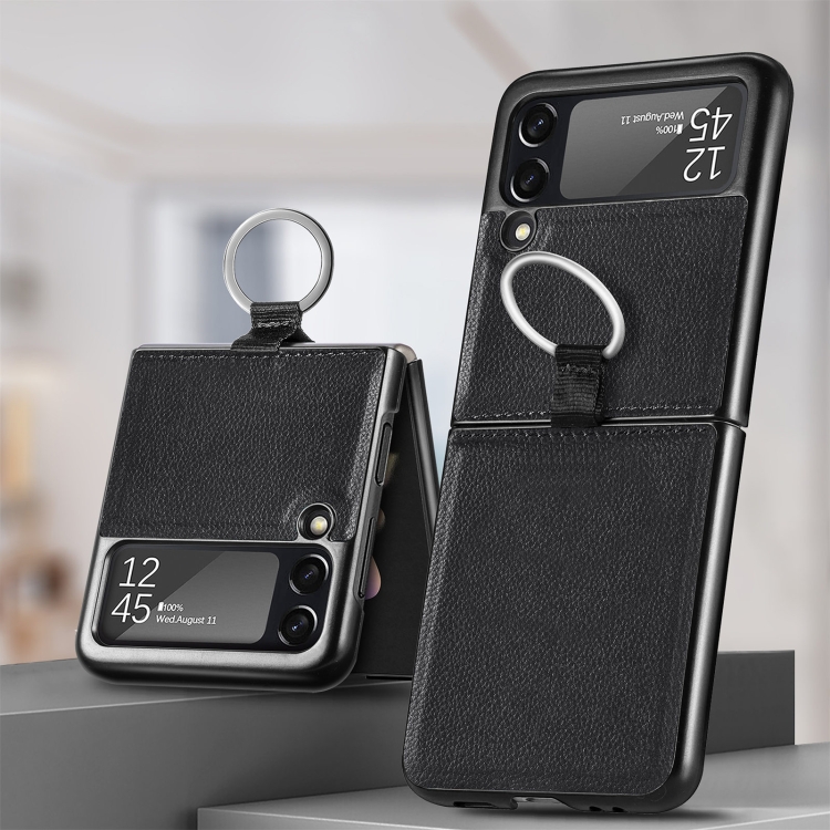  Galaxy Z Flip 3 Skal Litchi Ring Svart