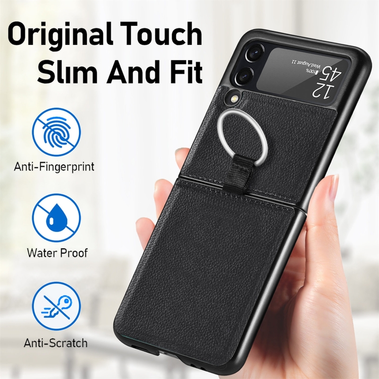  Galaxy Z Flip 3 Skal Litchi Ring Svart