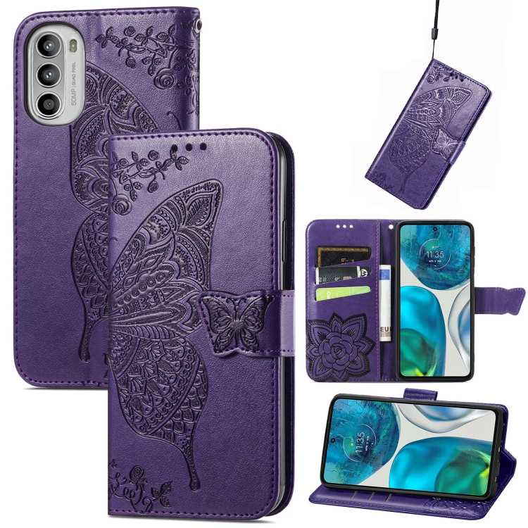 Motorola Moto G52/G82 Fodral Fjäril Tryck Mörk Lila