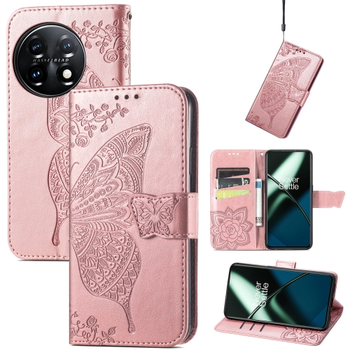  OnePlus 11 5G Fodral Butterfly Läder Roséguld