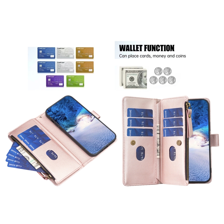  iPhone 15 Pro Max 9-Kort Multifunktionellt Läder Fodral Roséguld