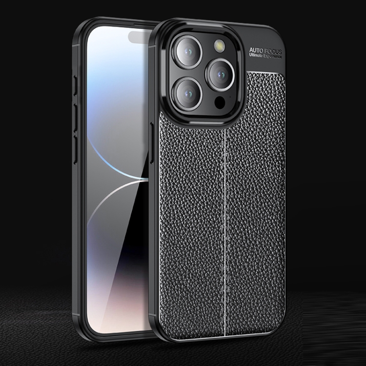  iPhone 15 Pro Max Skal Litchi Textur Svart