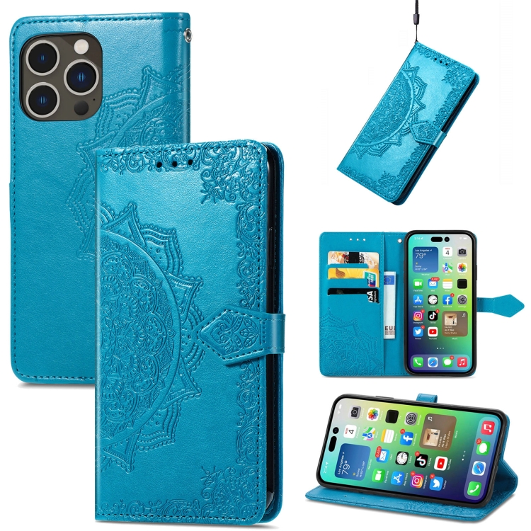  iPhone 15 Pro Max Fodral Mandala Läder Blå