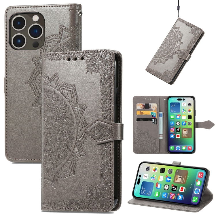  iPhone 15 Pro Max Fodral Mandala Läder Grå