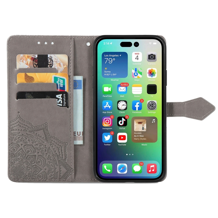  iPhone 15 Pro Max Fodral Mandala Läder Grå