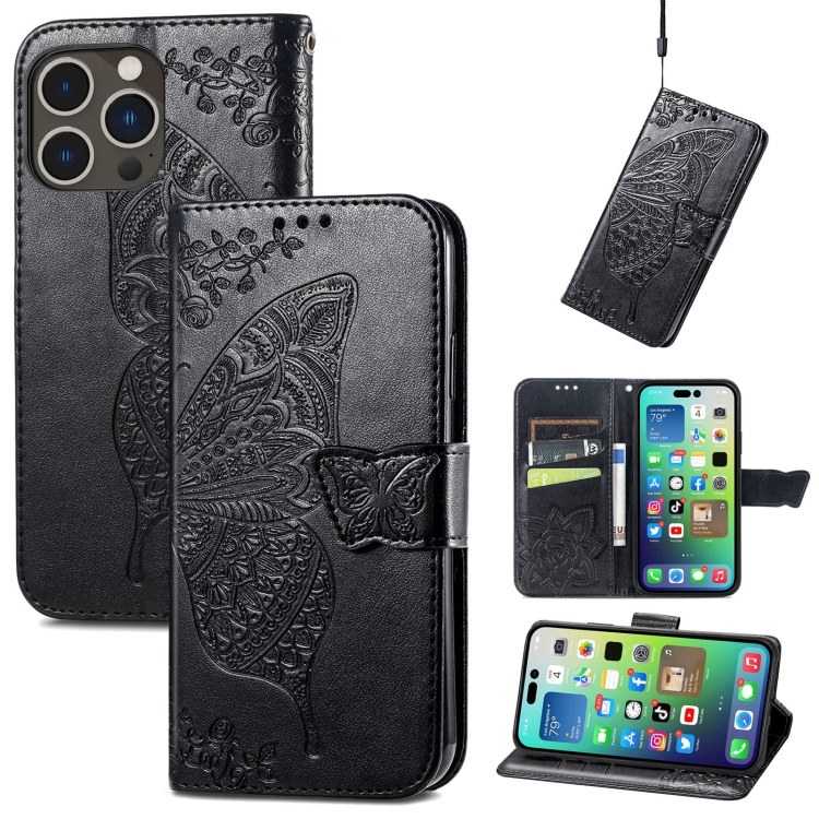  iPhone 15 Pro Max Fodral Läder Fjäril Tryck Svart