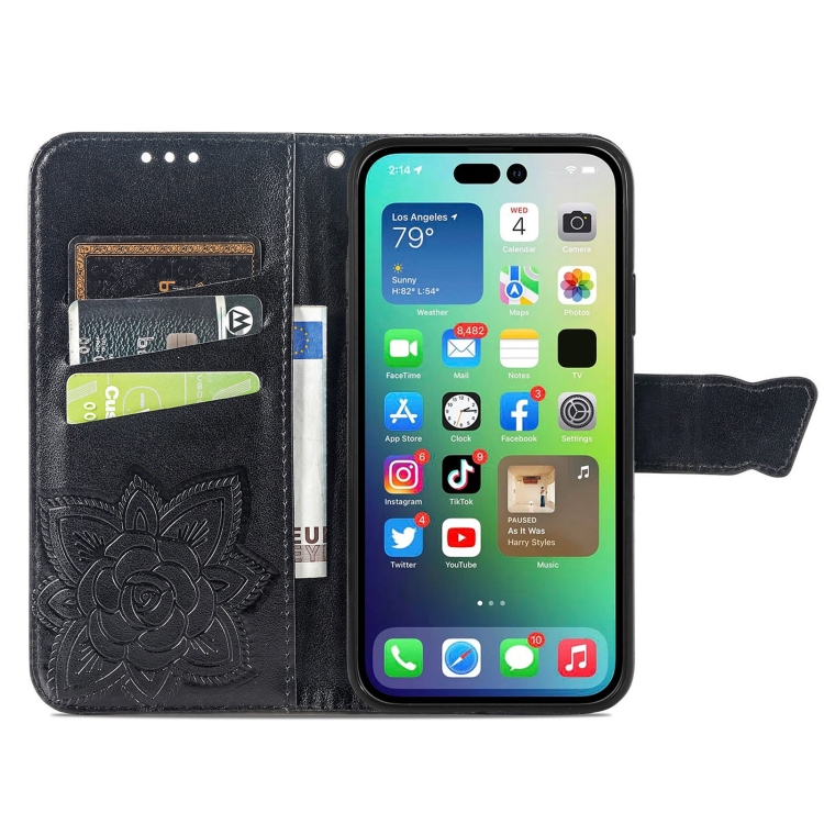  iPhone 15 Pro Max Fodral Läder Fjäril Tryck Svart