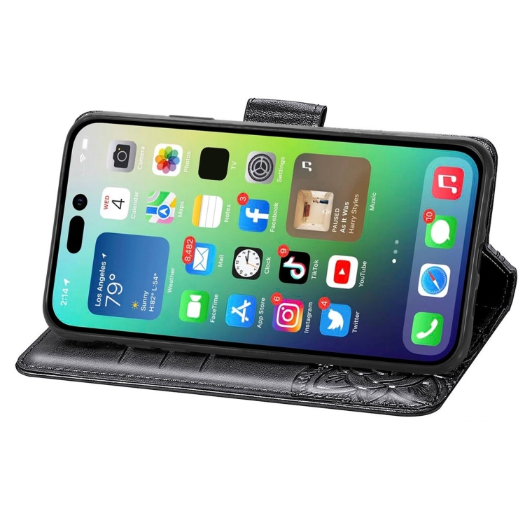  iPhone 15 Pro Max Fodral Läder Fjäril Tryck Svart