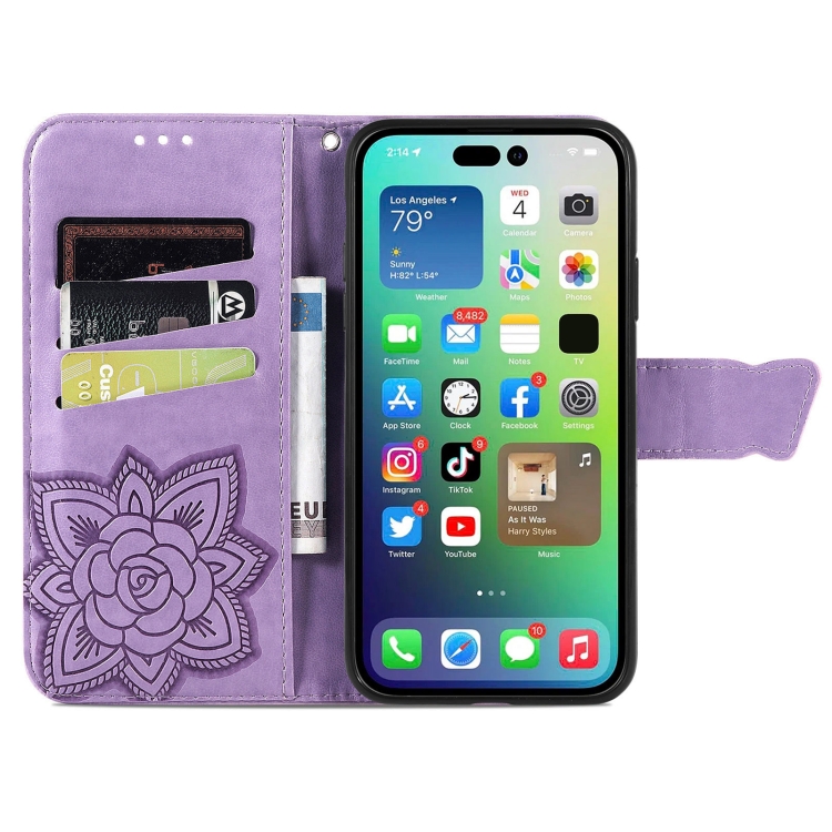  iPhone 15 Pro Max Fodral Läder Fjäril Tryck Lila