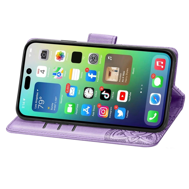  iPhone 15 Pro Max Fodral Läder Fjäril Tryck Lila
