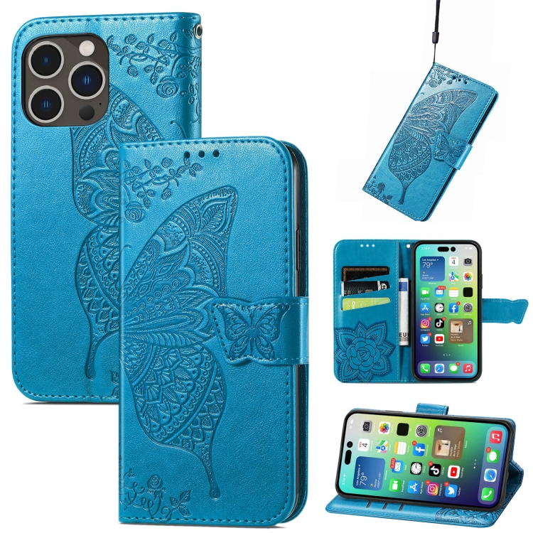  iPhone 15 Pro Max Fodral Läder Fjäril Tryck Blå