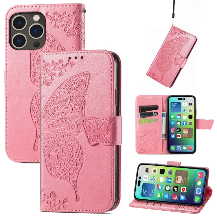  iPhone 15 Pro Max Fodral Läder Fjäril Tryck Rosa