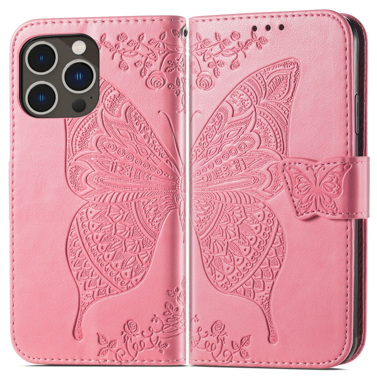  iPhone 15 Pro Max Fodral Läder Fjäril Tryck Rosa