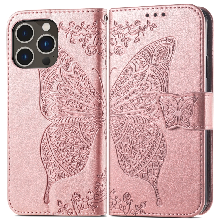  iPhone 15 Pro Max Fodral Läder Fjäril Tryck Roséguld