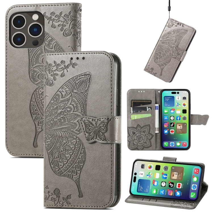  iPhone 15 Pro Max Fodral Läder Fjäril Tryck Grå