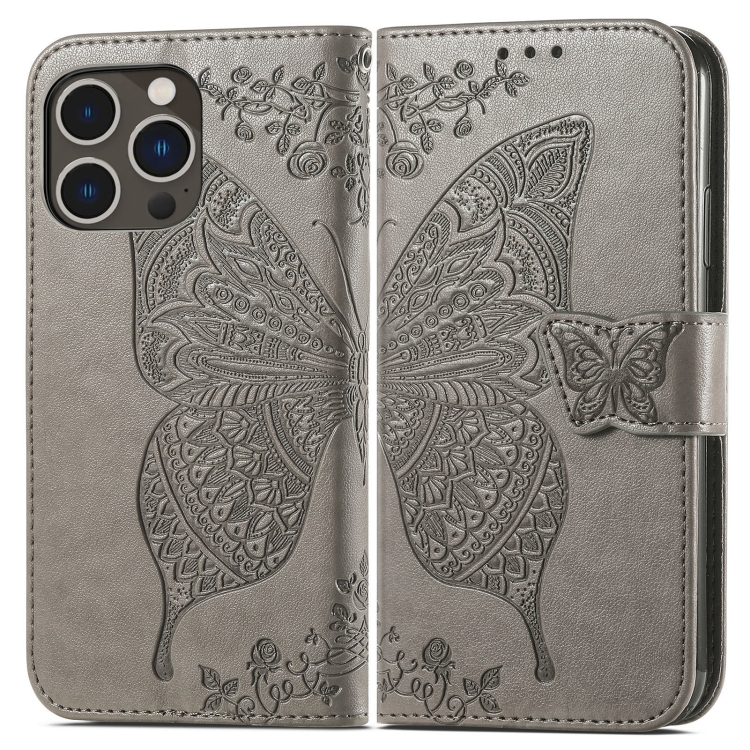 iPhone 15 Pro Max Fodral Läder Fjäril Tryck Grå