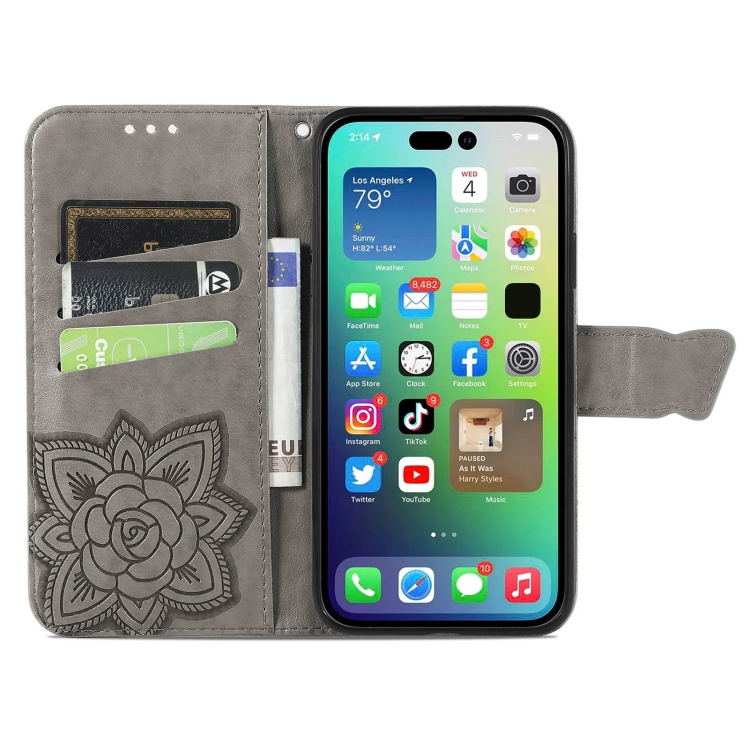  iPhone 15 Pro Max Fodral Läder Fjäril Tryck Grå