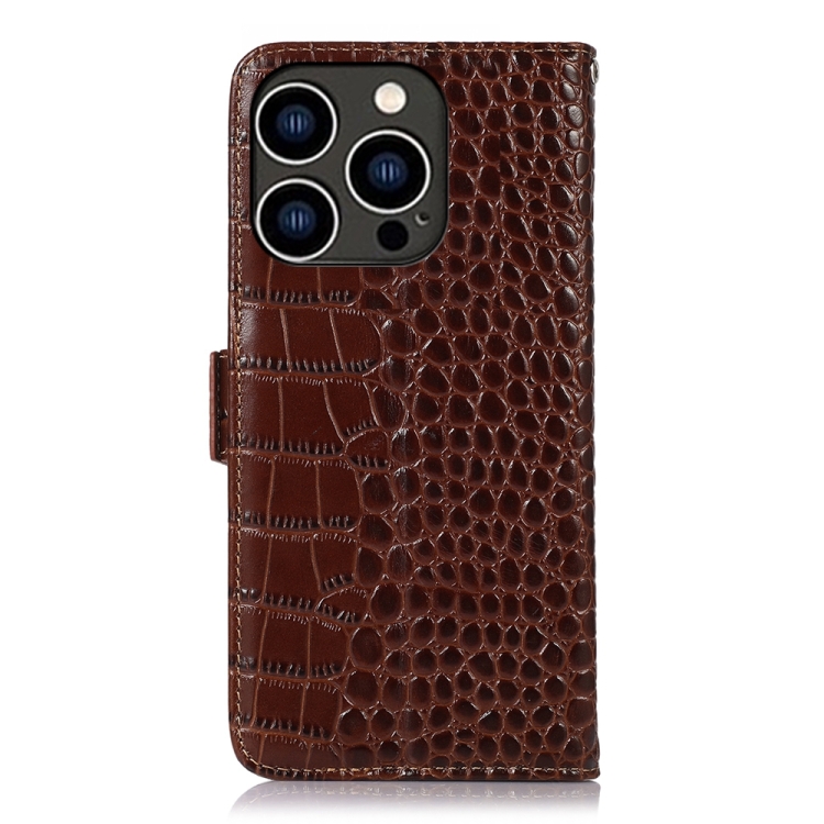  iPhone 15 Pro Fodral Läder Krokodil Textur Brun