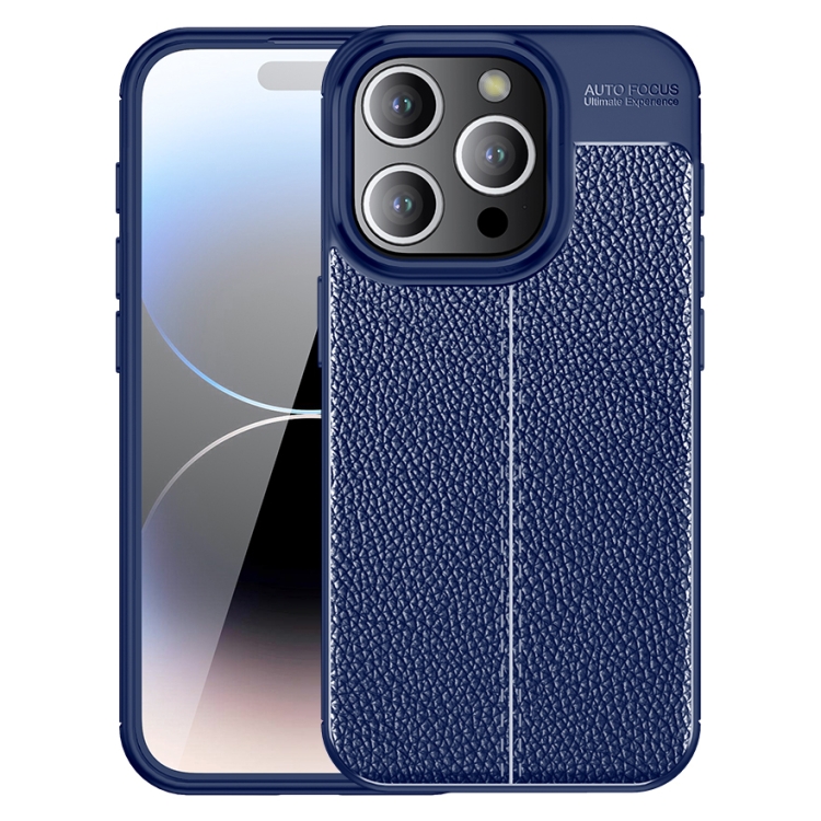  iPhone 15 Pro Skal Litchi Textur Blå