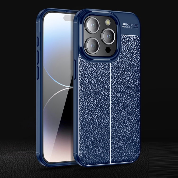  iPhone 15 Pro Skal Litchi Textur Blå