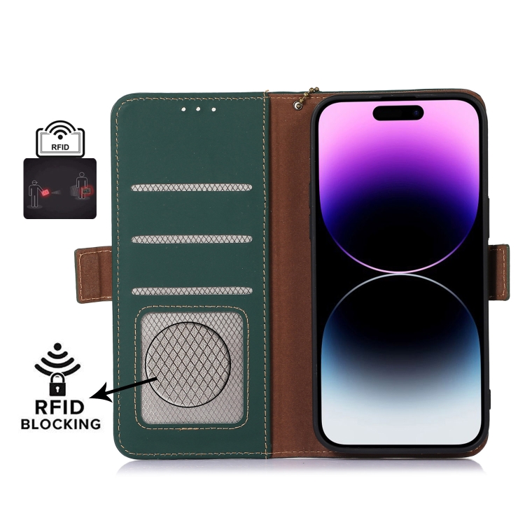  iPhone 15 Pro Fodral RFID Äkta Läder Grön
