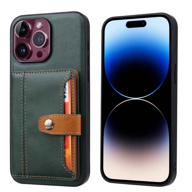  iPhone 15 Pro Skal Läder Med Plånboksfunktion Grön