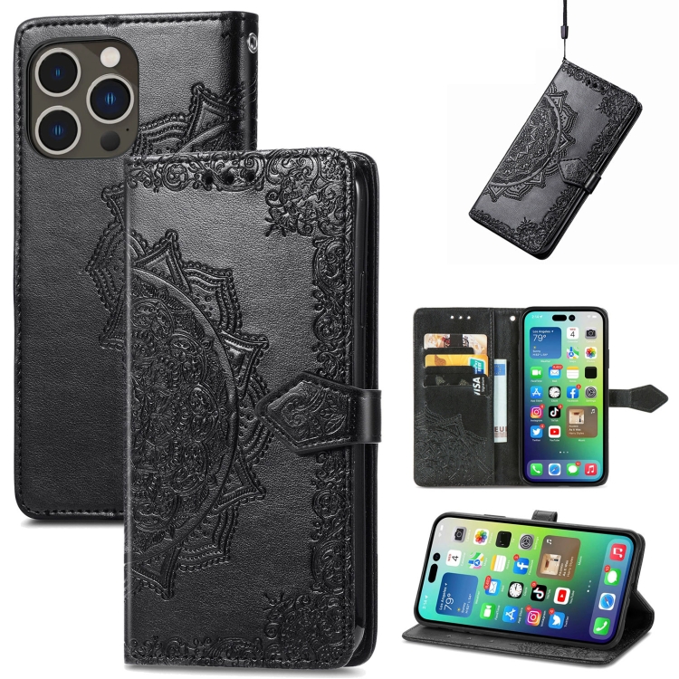  iPhone 15 Pro Fodral Mandala Läder Svart