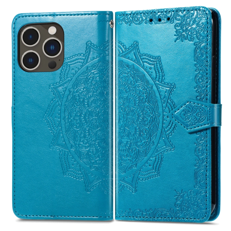  iPhone 15 Pro Fodral Mandala Läder Blå