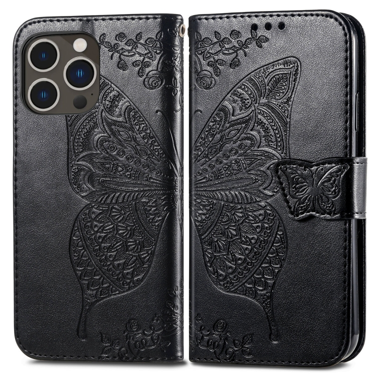  iPhone 15 Pro Fodral Läder Tryckt Fjäril Svart