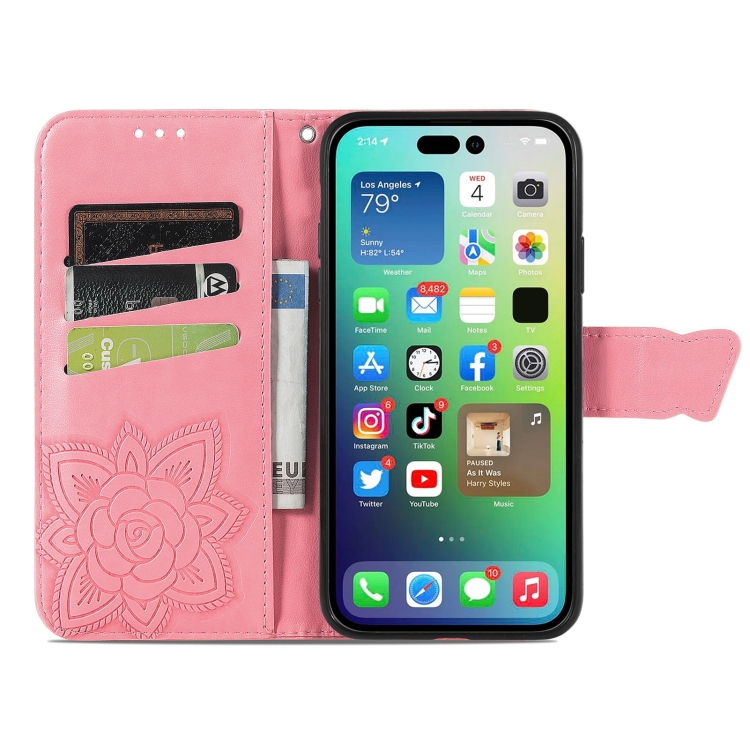  iPhone 15 Pro Fodral Läder Tryckt Fjäril Rosa