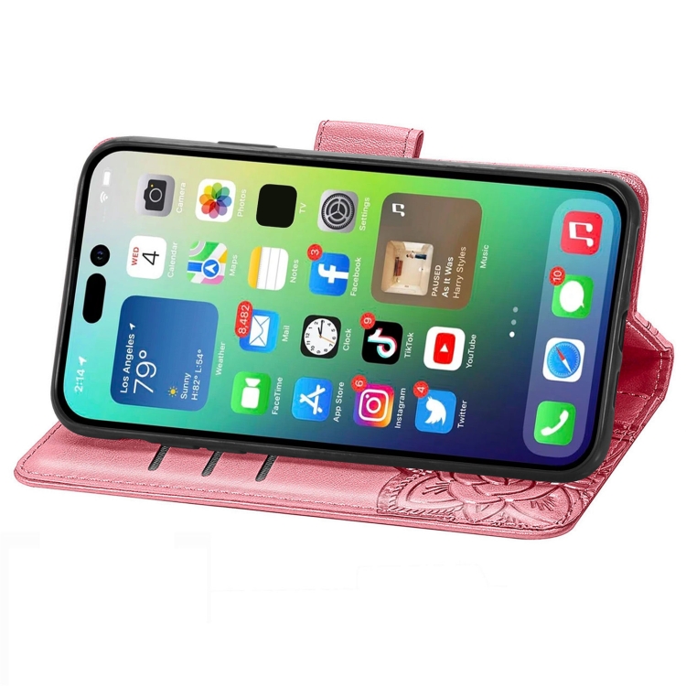  iPhone 15 Pro Fodral Läder Tryckt Fjäril Rosa