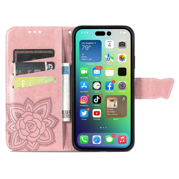  iPhone 15 Pro Fodral Läder Tryckt Fjäril Roséguld