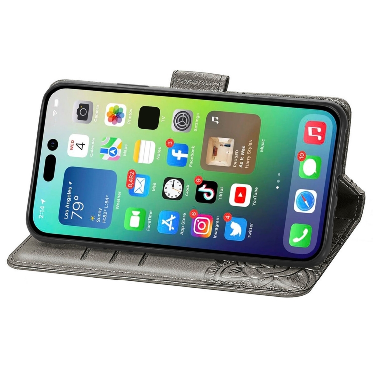  iPhone 15 Pro Fodral Läder Tryckt Fjäril Grå