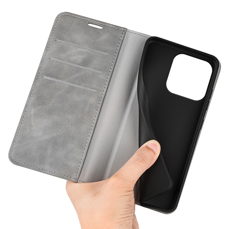  iPhone 15 Pro Fodral Flip Retro Läder Grå