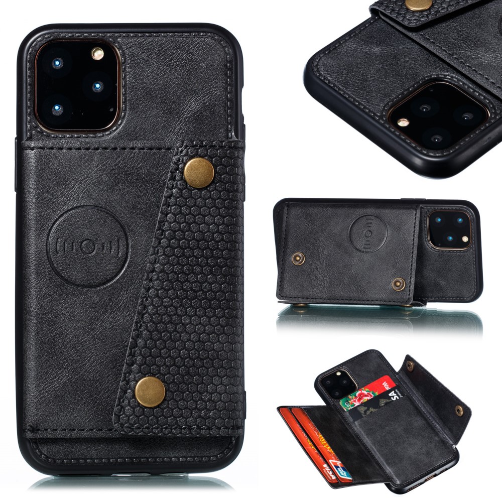  iPhone 12 / 12 Pro - Läder Skal Med Kortfack Och Magnet - Svart