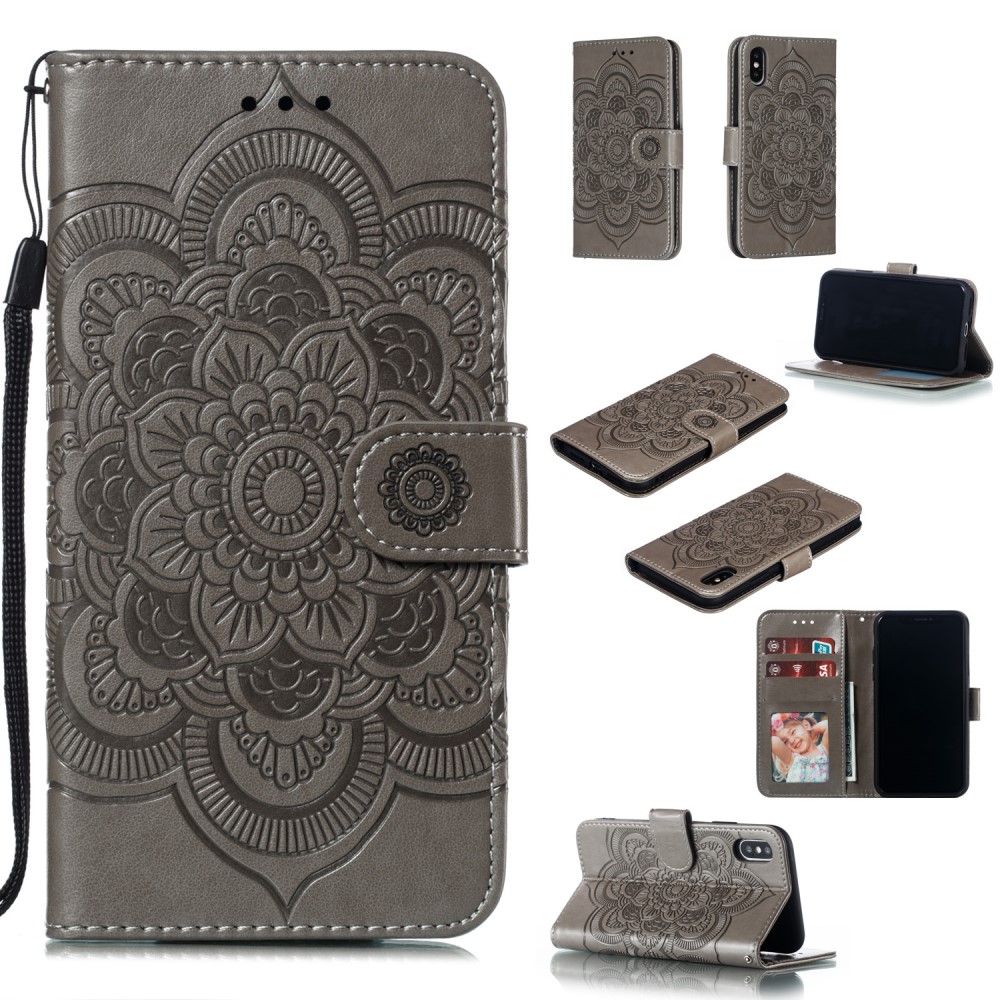  iPhone X/Xs - Mandala Läder Fodral - Grå