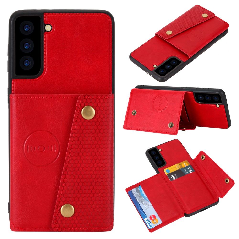  Samsung Galaxy S21 - Läder Skal Med Kortfack Och Magnet - Röd