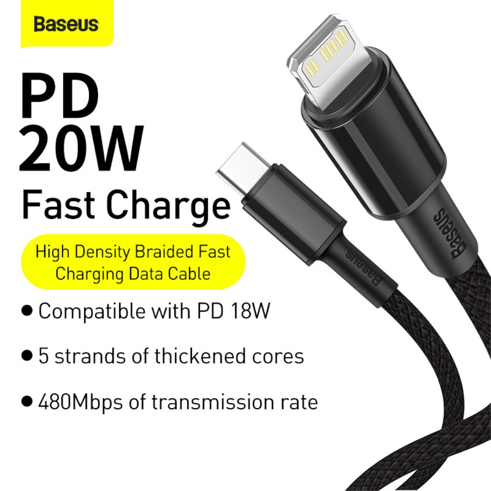 BASEUS BASEUS 1m 20W PD Type-C - Lightning Flätad Nylon Kabel - Svart