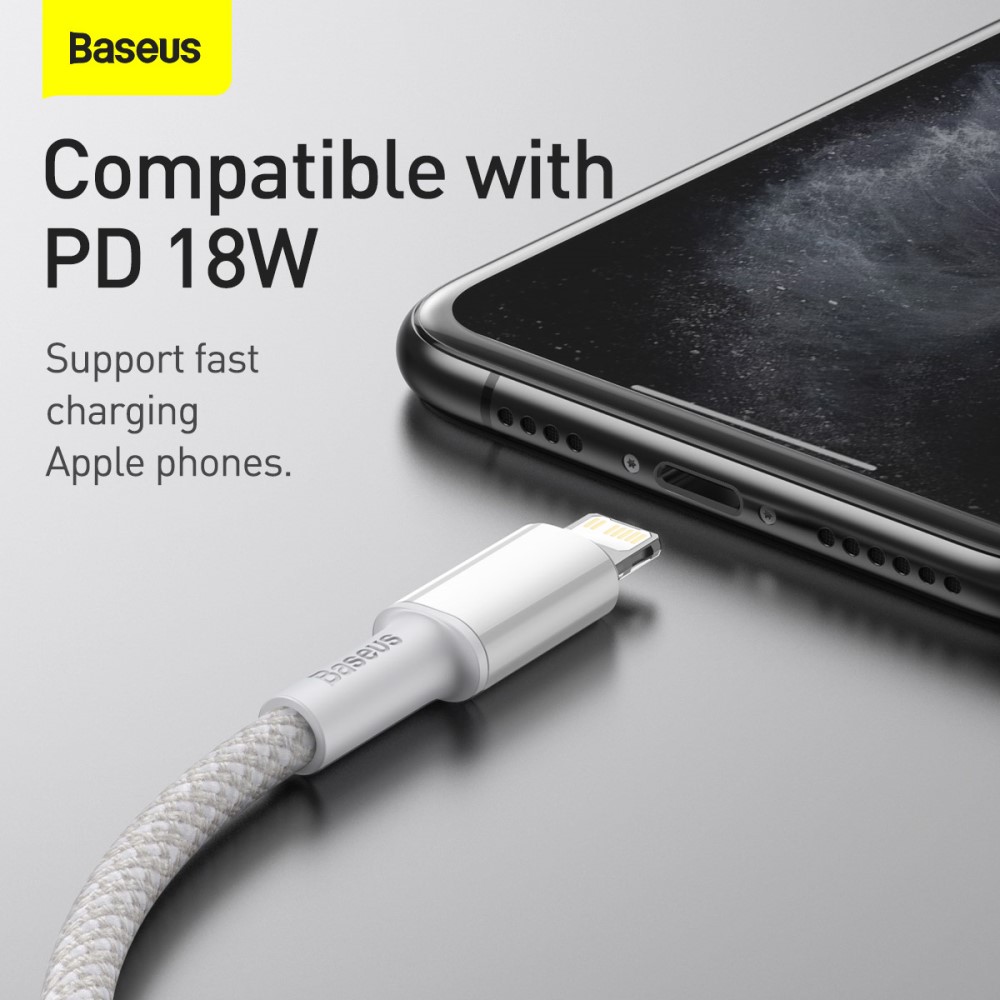 BASEUS BASEUS 2m 20W PD Type-C - Lightning Flätad Nylon Kabel - Vit