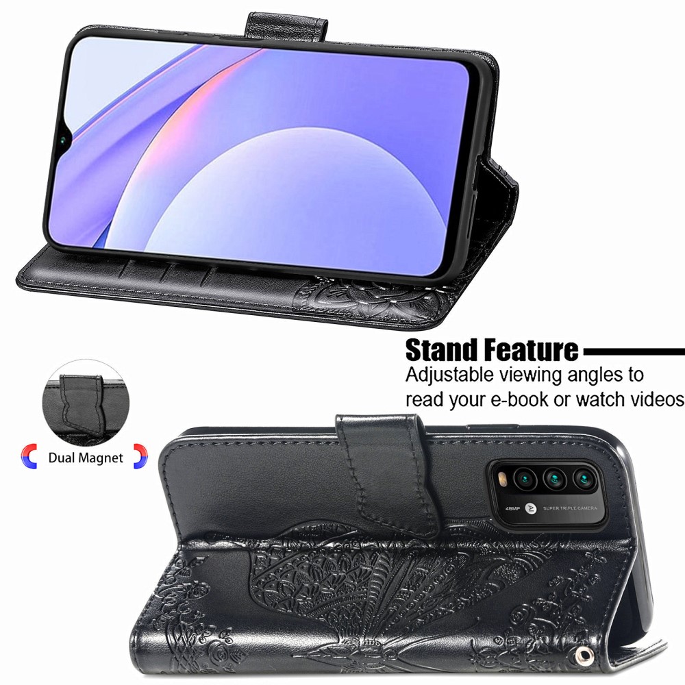  Xiaomi Redmi 9T - Butterfly Läder Fodral - Svart
