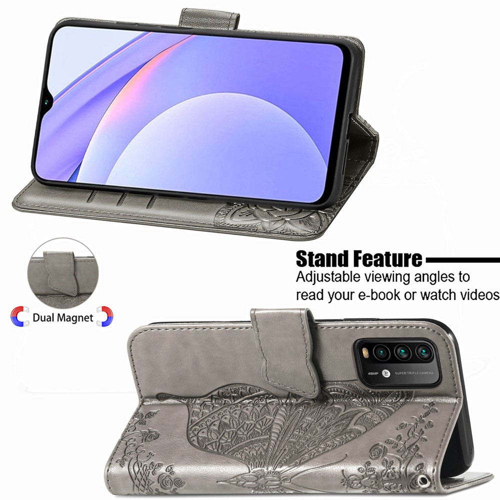  Xiaomi Redmi 9T - Butterfly Läder Fodral - Grå