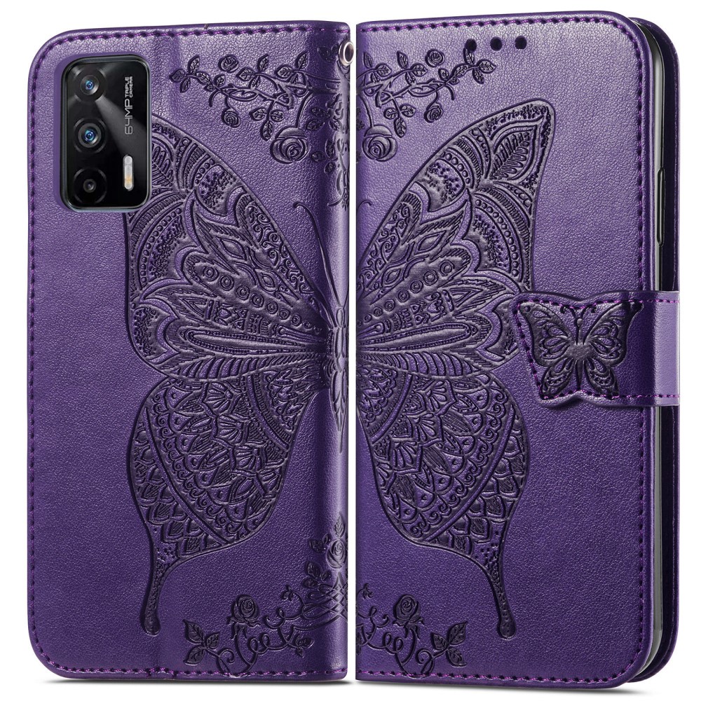 Realme GT 5G - Butterfly Läder Fodral - Mörk Lila
