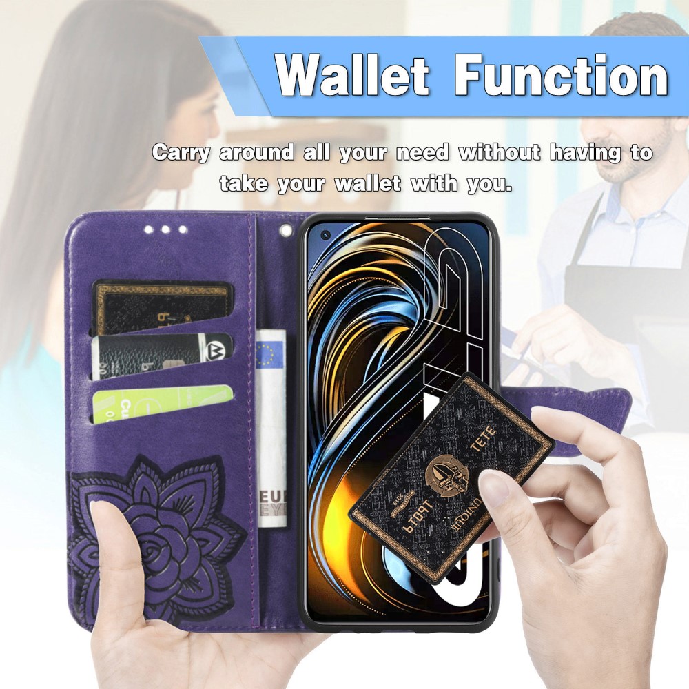  Realme GT 5G - Butterfly Läder Fodral - Mörk Lila