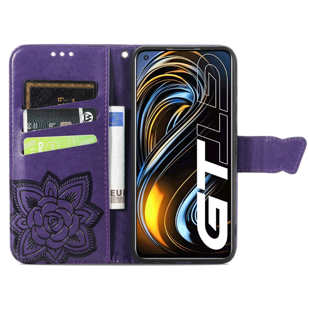  Realme GT 5G - Butterfly Läder Fodral - Mörk Lila