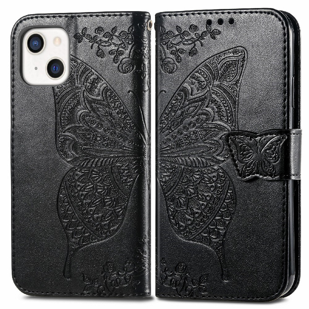 iPhone 13 - Butterfly Print Läder Fodral - Svart