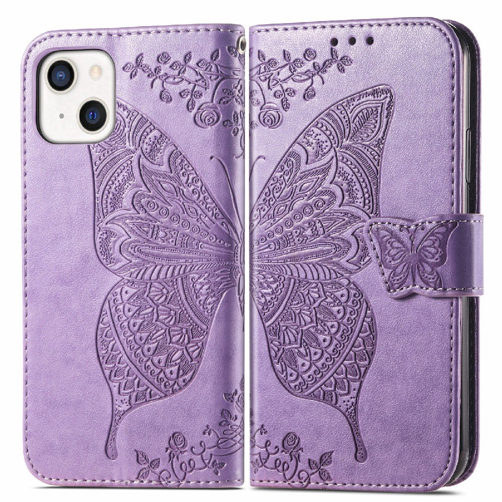  iPhone 13 - Butterfly Print Läder Fodral - Lila